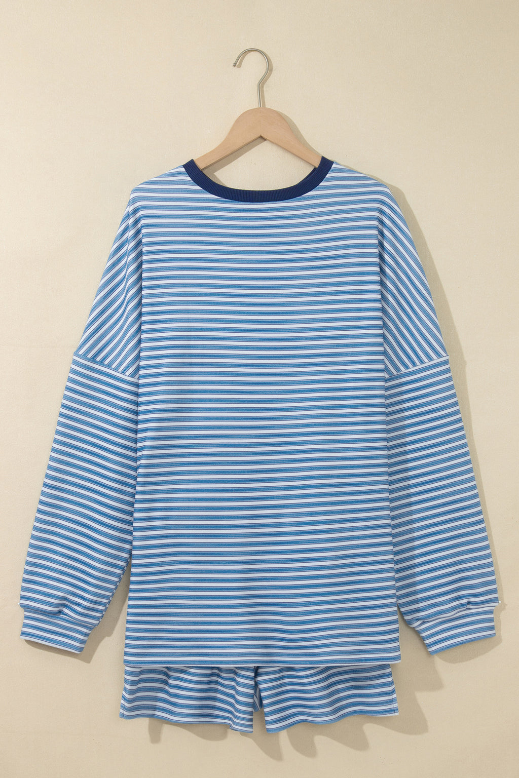 Sky Blue Stripe Long Sleeve Oversized Top Pocketed Casual Shorts Two Piece Set