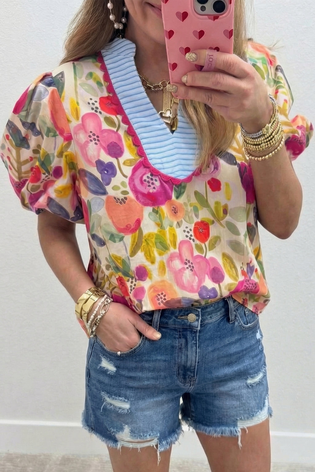 Rose Floral Print V Neck Short Puff Sleeve Cotton Blouse