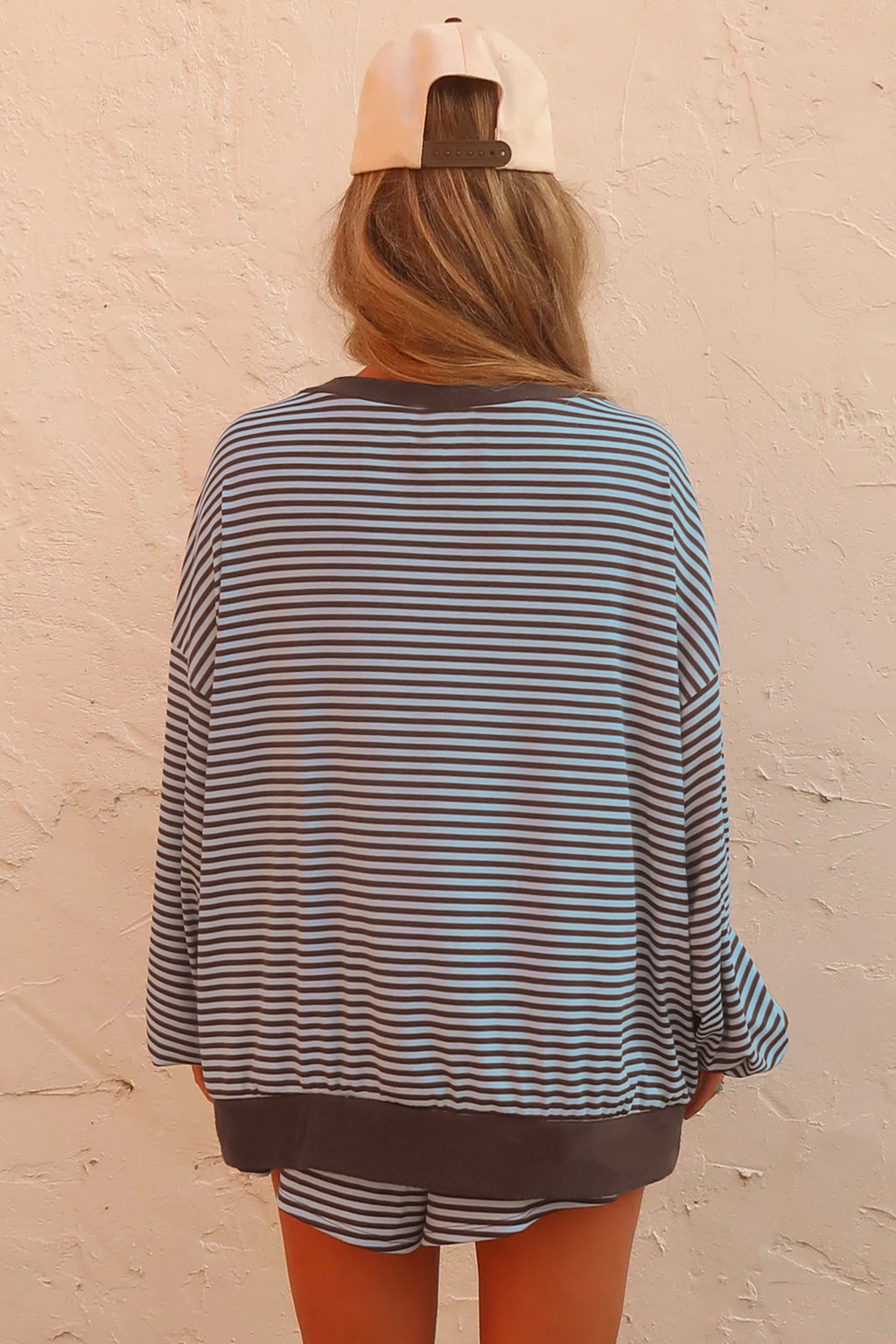 Brown Stripe Oversized Long Sleeve Top Drawstring Loose Shorts 2pcs Set