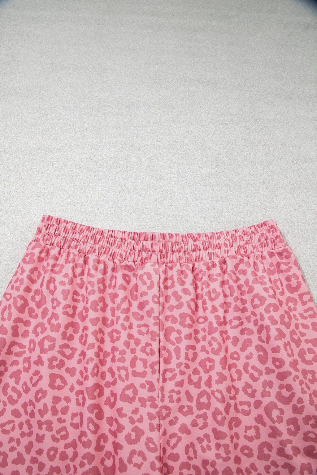 Apricot Leopard Print Varsity Striped Detail 3/4 Sleeve Top Shift Pant Set
