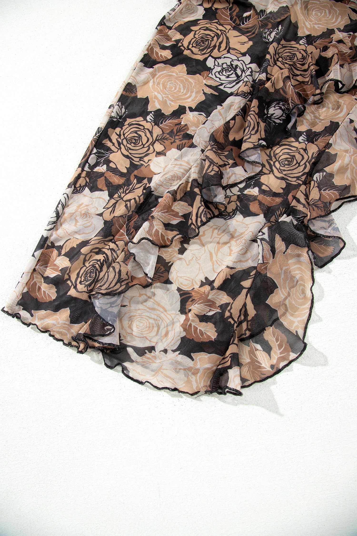 Black Floral Long Sleeve Asymmetric Ruffle Split Hem Mesh Dress