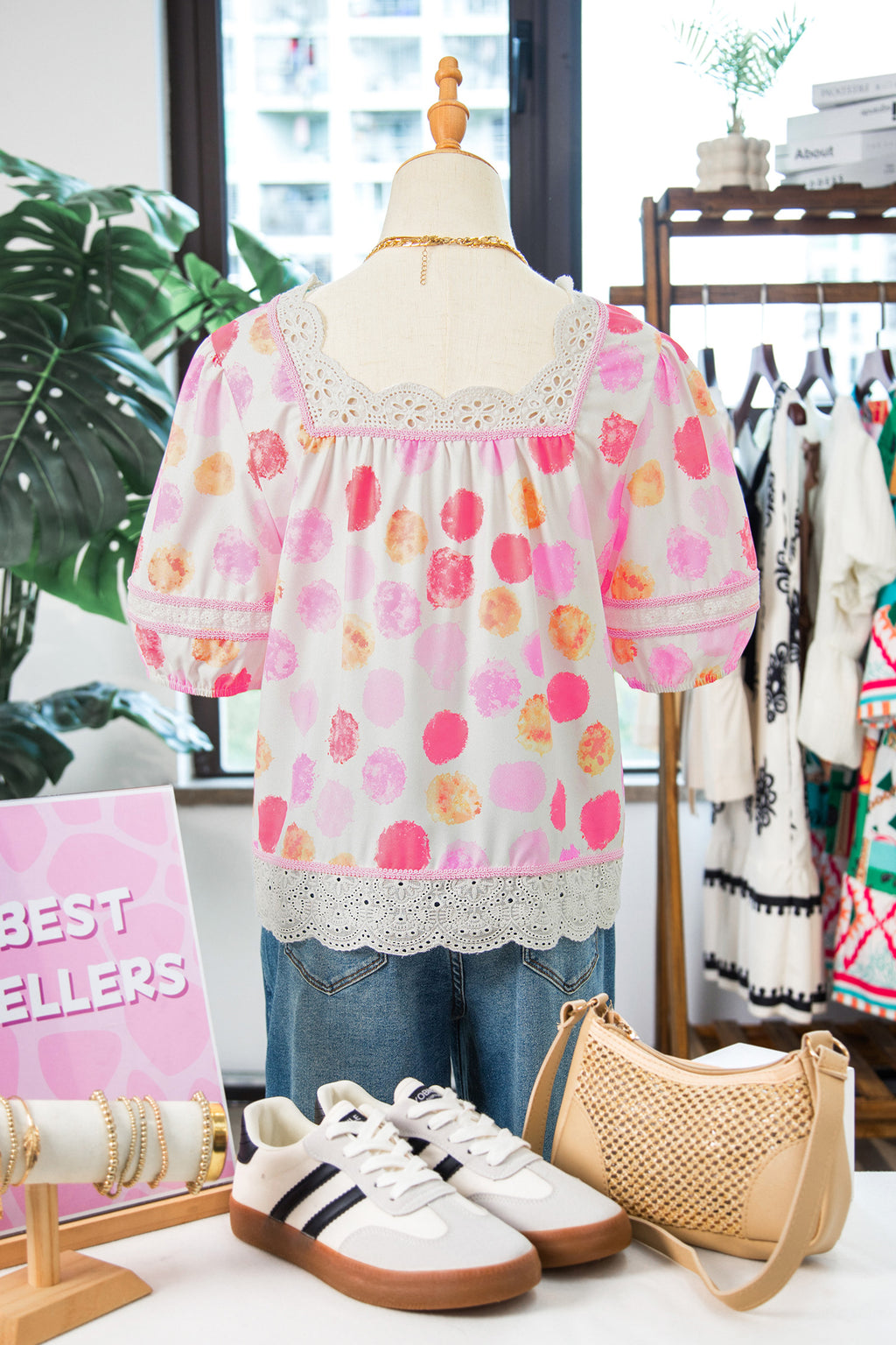 Pink Polka Dot Lace Trim Square Neck Puff Sleeve Blouse