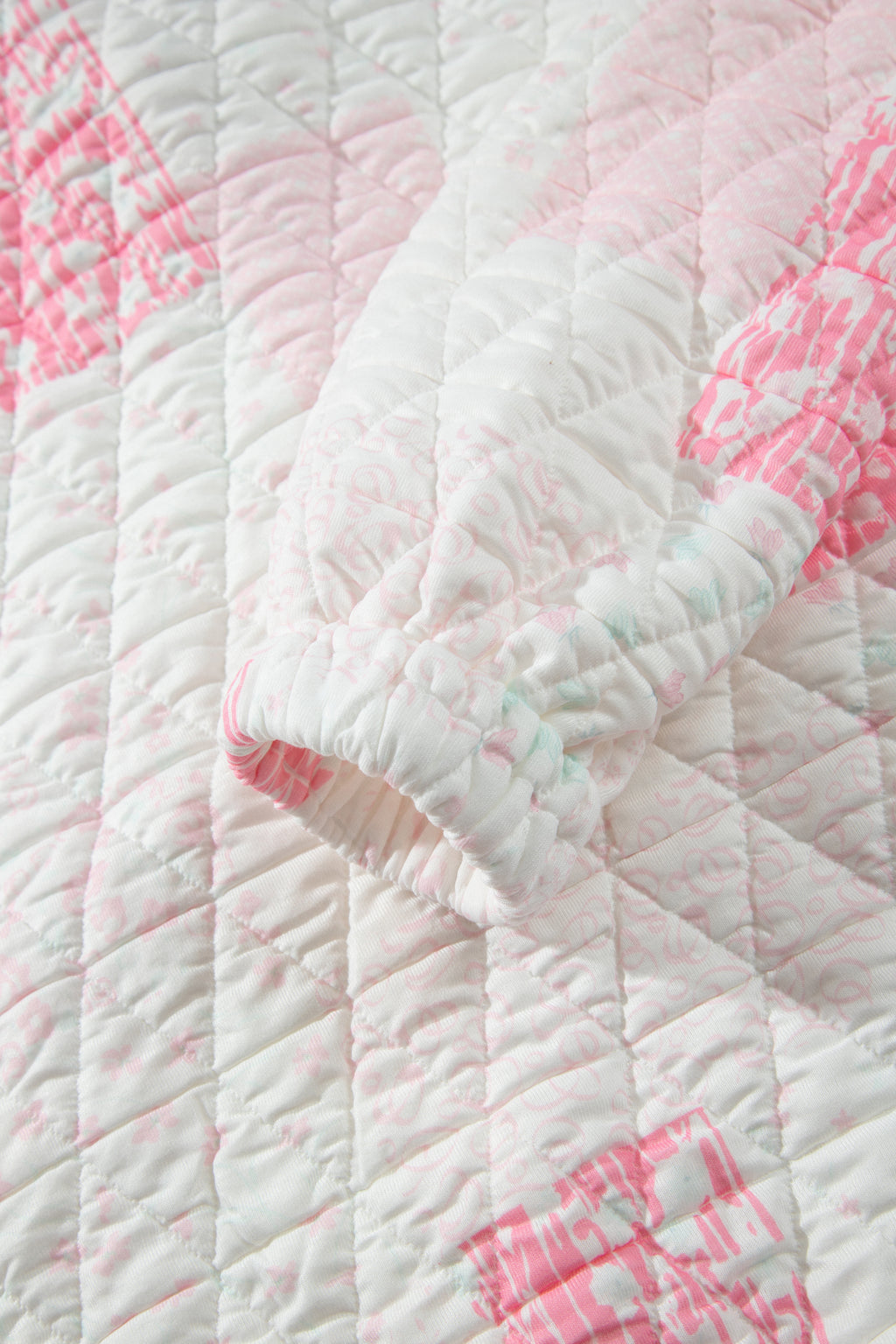 Pink Floral Quilted Half Button Pocketed Pullover Sweatshirt