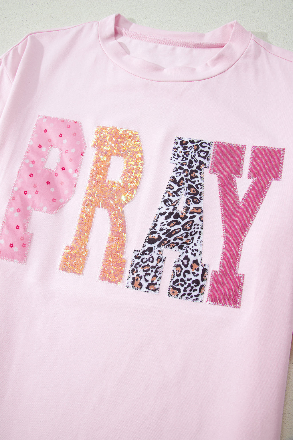 Pink PRAY Sequin Leopard Multiple Patched Graphic Tee