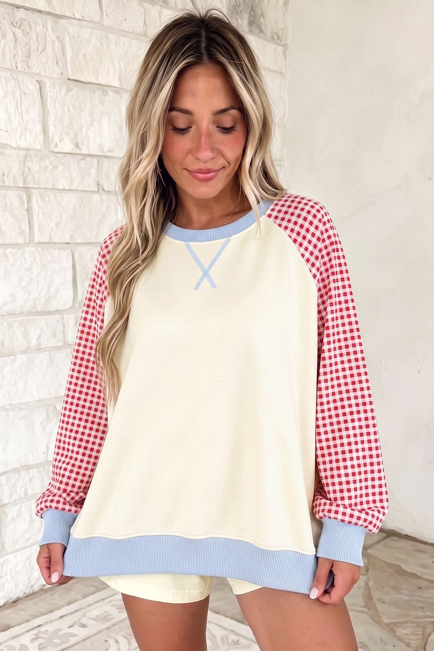 Beige Plaid Sleeve Colorblock Raglan Pullover Sweatshirt