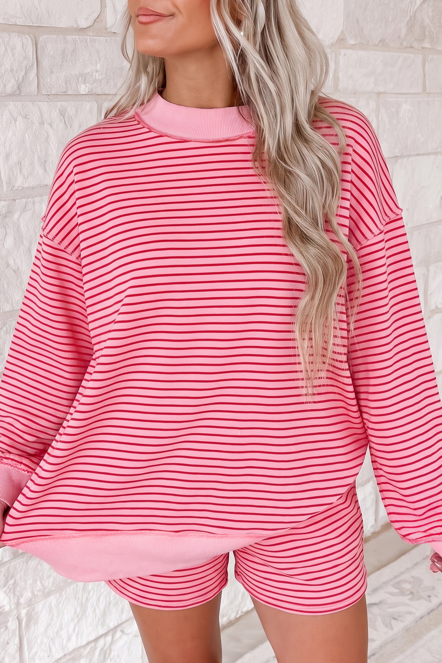 Blue Stripe Ribbed Patchwork Mock Neck Baggy Pullover Matching Shorts Set