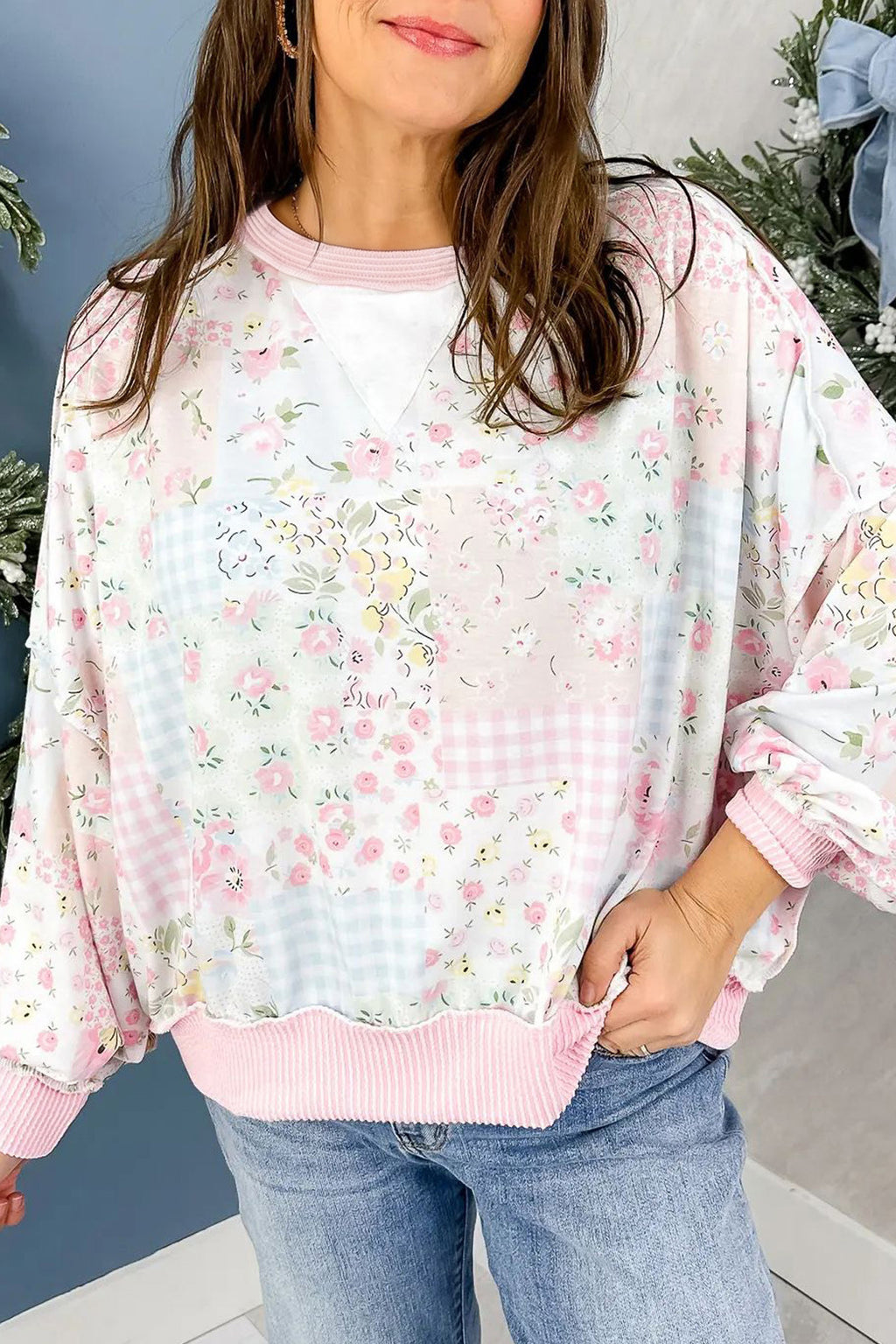 Pink Twisted Ribbed Trim Floral Print Patchwork Long Sleeve Top