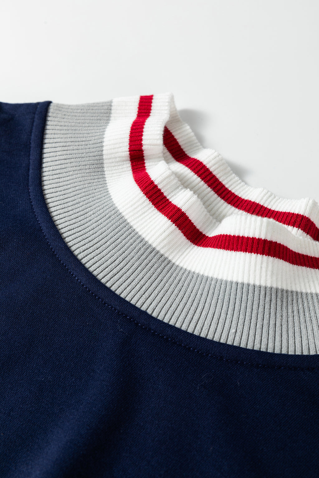 Navy Blue Ribbed Stand Neck Long Sleeve Loose Fit Sweatshirt
