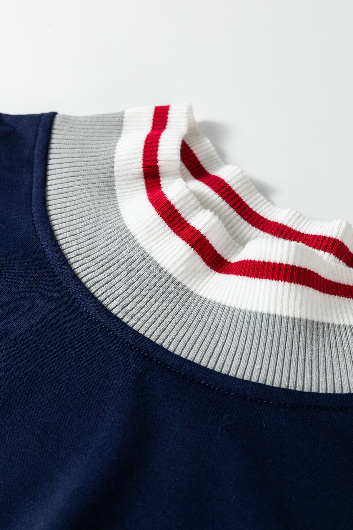 Navy Blue Ribbed Stand Neck Long Sleeve Loose Fit Sweatshirt