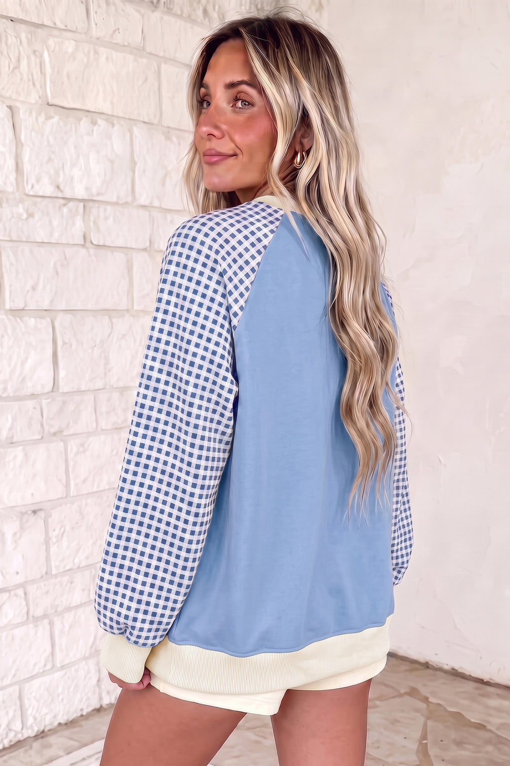 Beige Plaid Sleeve Colorblock Raglan Pullover Sweatshirt