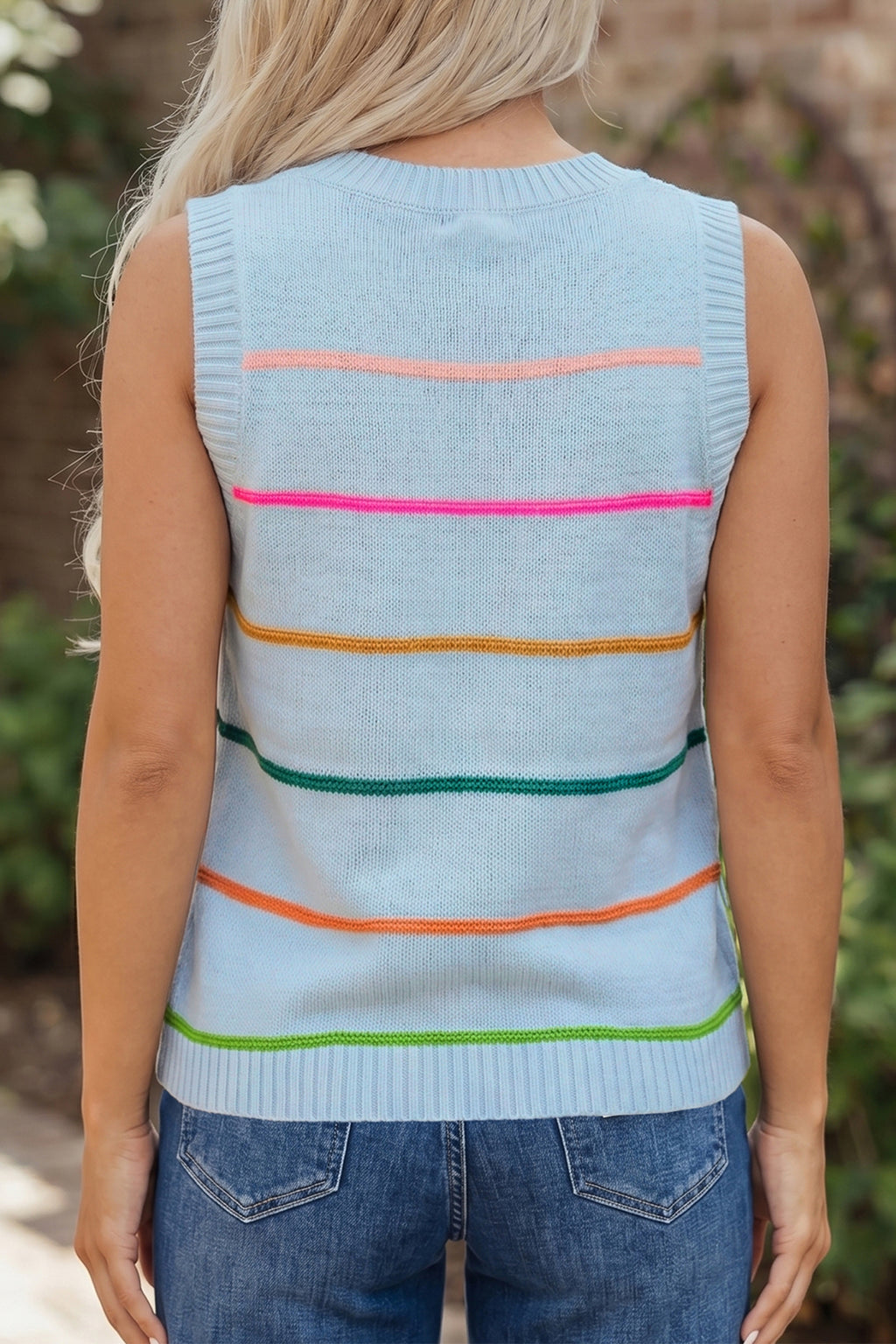 Green Stripe Round Neck Knitted Sweater Tank