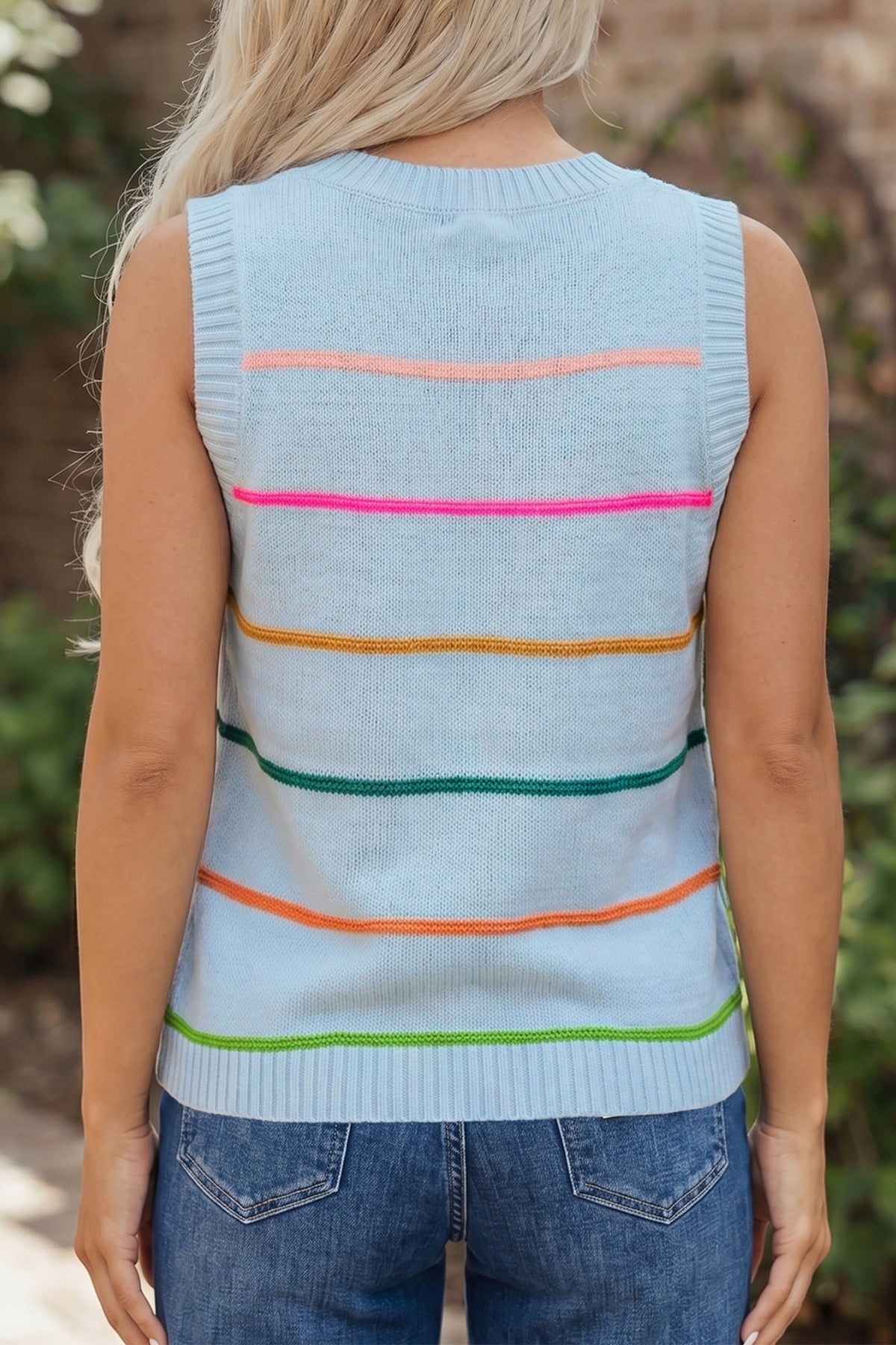 Green Stripe Round Neck Knitted Sweater Tank