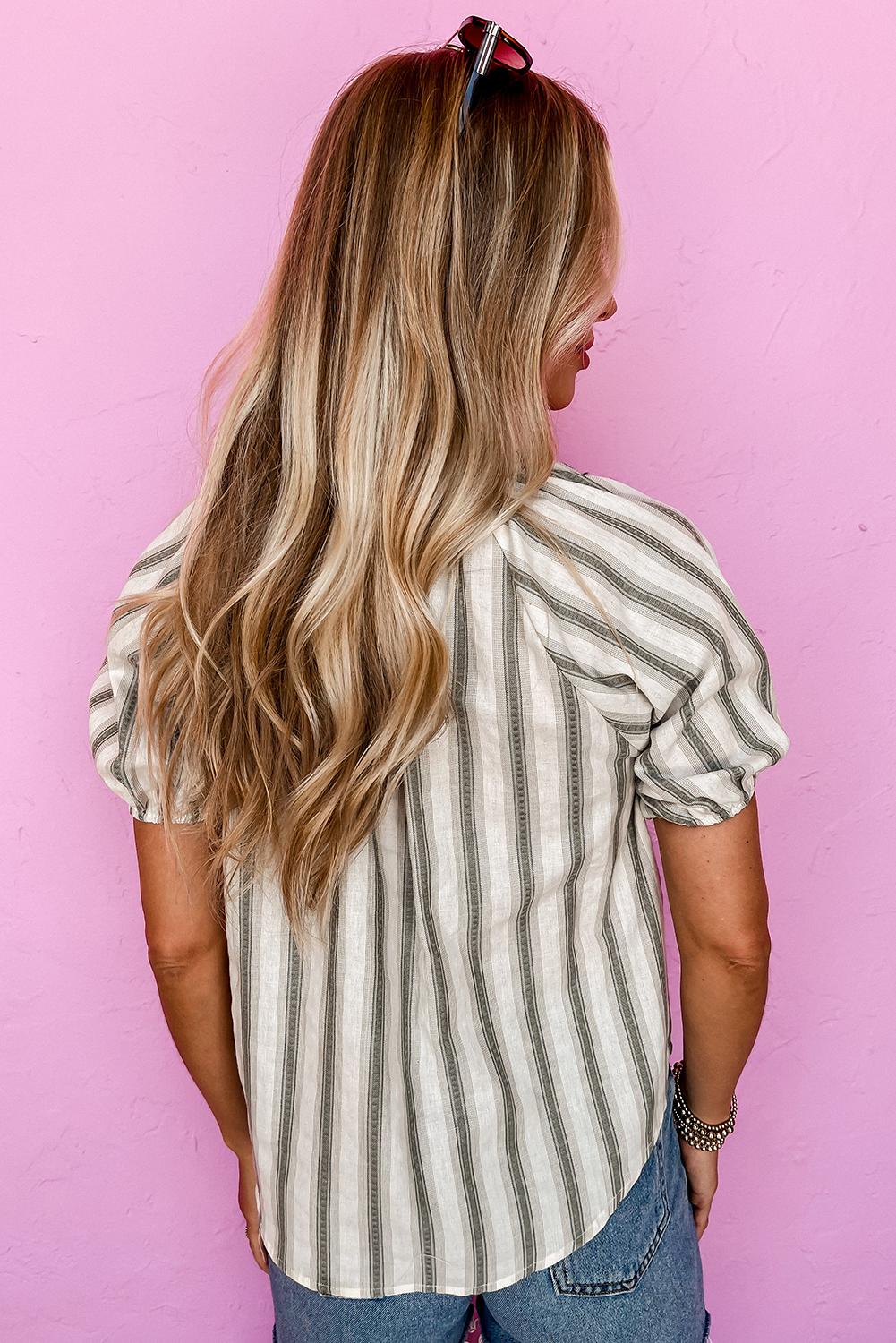 Gray Stripe 100% Cotton Frilled Tie Neck Short Sleeve Blouse