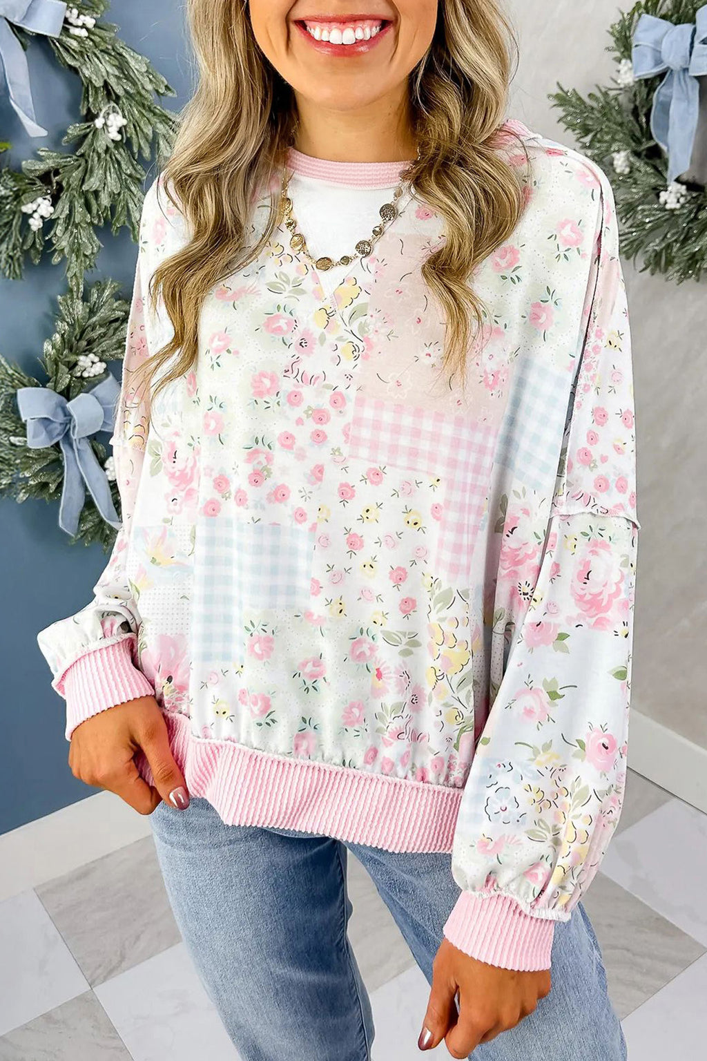 Pink Twisted Ribbed Trim Floral Print Patchwork Long Sleeve Top
