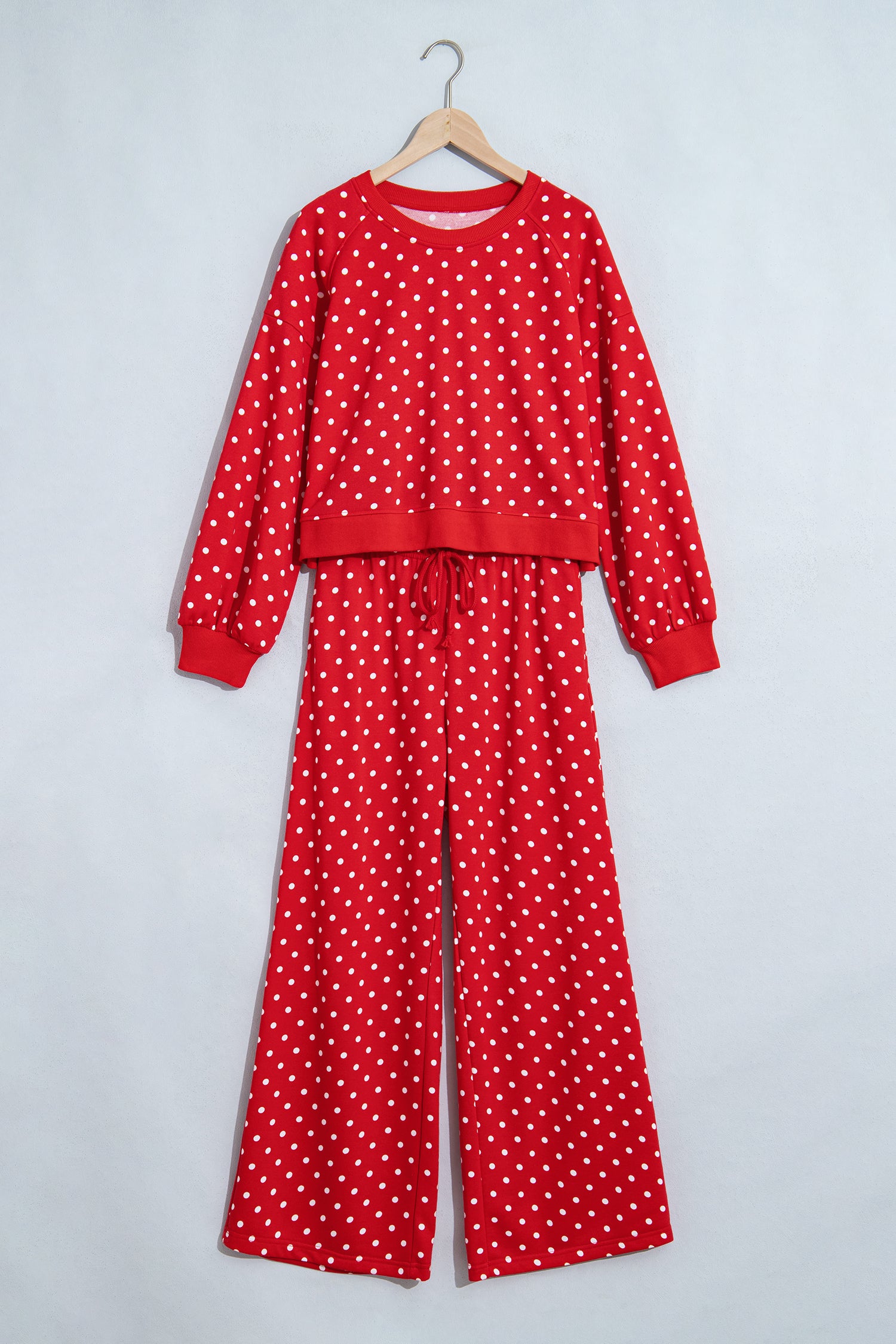 Blue Polka Dot Drawstring Wide Leg Long Sleeve Top Pant Set