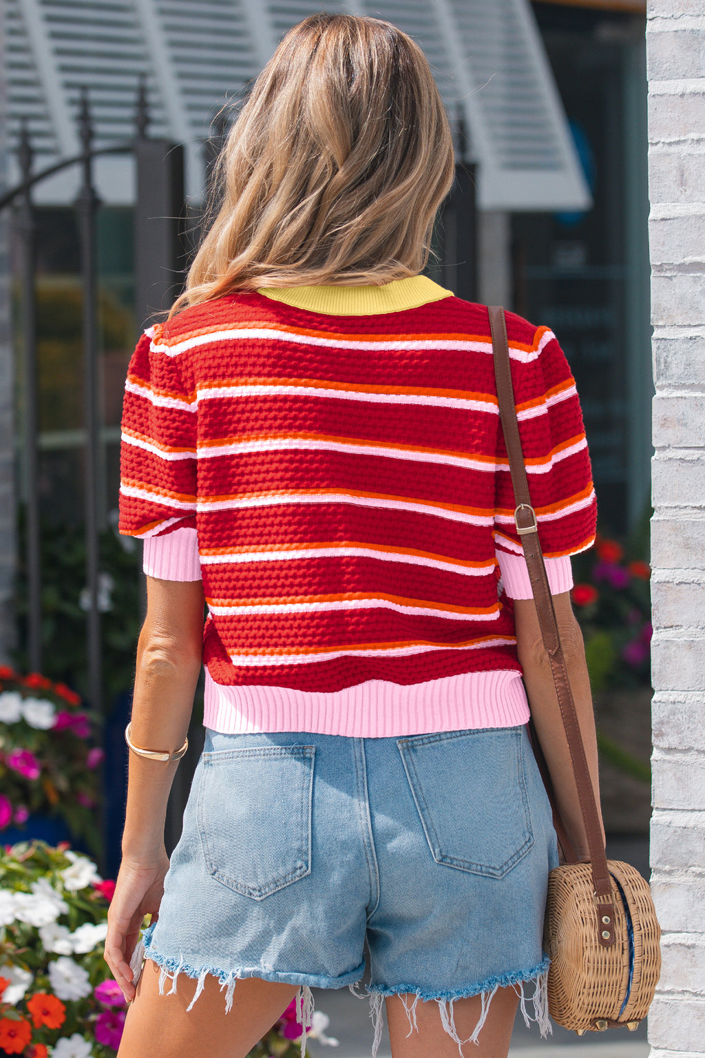 Sky Blue Stripe Colorblock Trim Half Sleeve Sweater Top