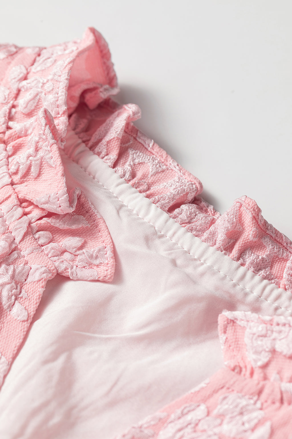 Apricot Pink Floral Textured Jacquard Puff Sleeve Blouse