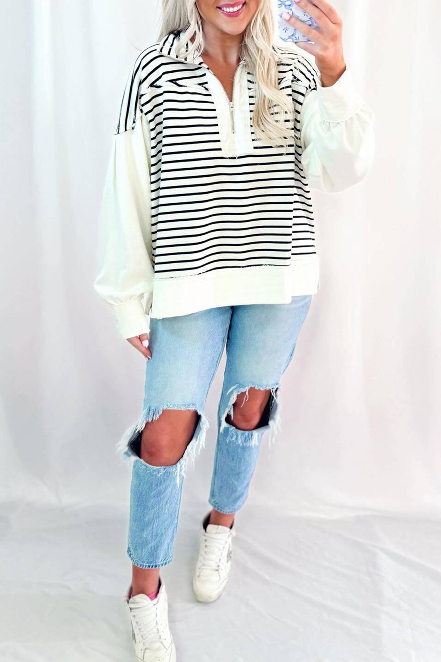 White Stripe Color Block Long Puff Sleeve Metal Zip-Up Collar Top