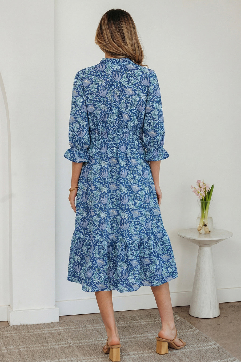 Brown Floral Printed Frilled V Neck Bracelet Sleeve Long Dress