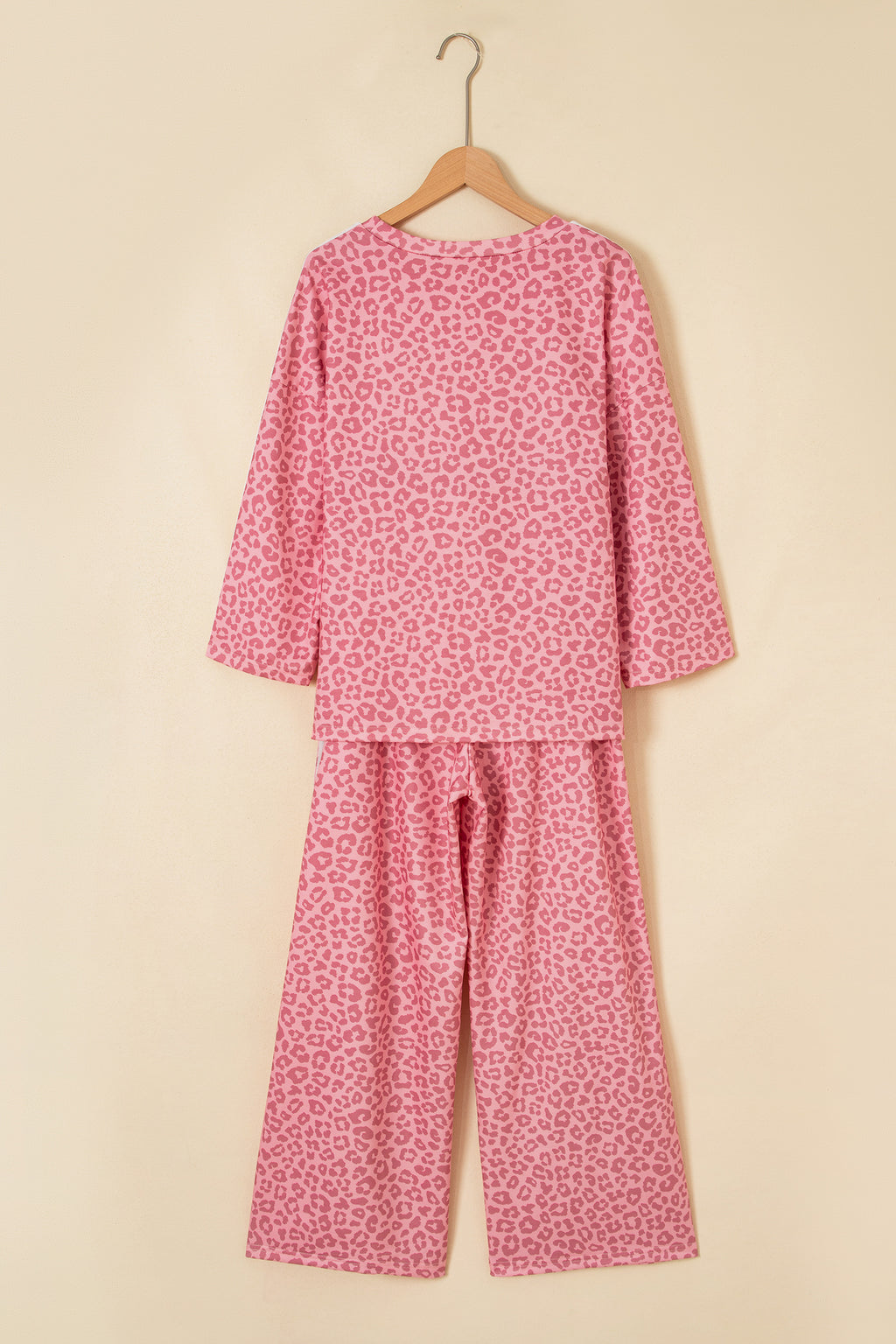 Apricot Leopard Print Varsity Striped Detail 3/4 Sleeve Top Shift Pant Set
