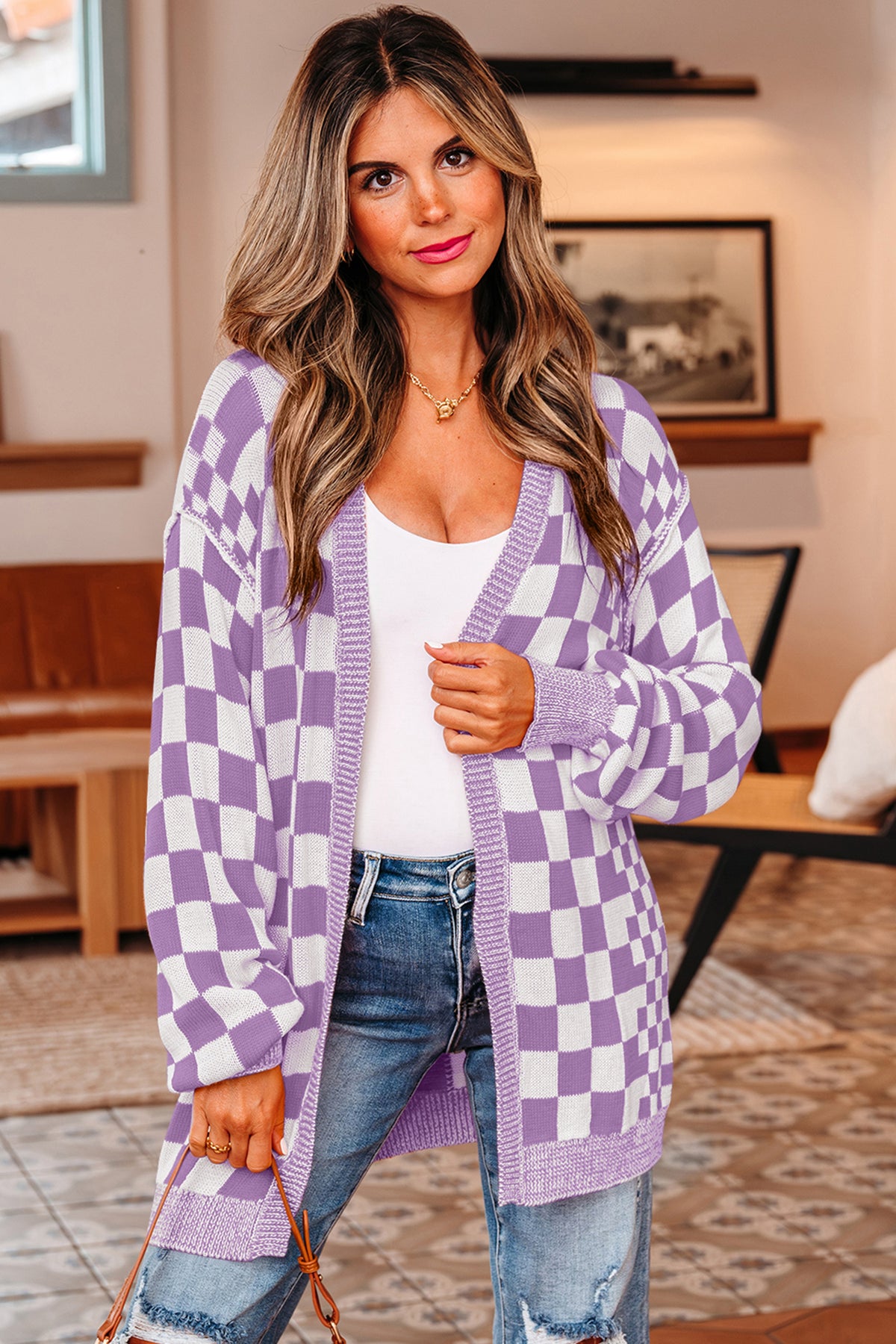 Purple Checkered Open Front Drop Shoulder Cardigan