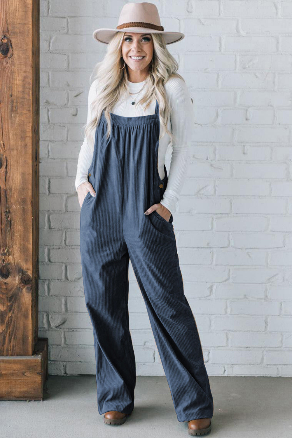 Real Teal Button Adjustable Straps Solid Color Corduroy Jumpsuit