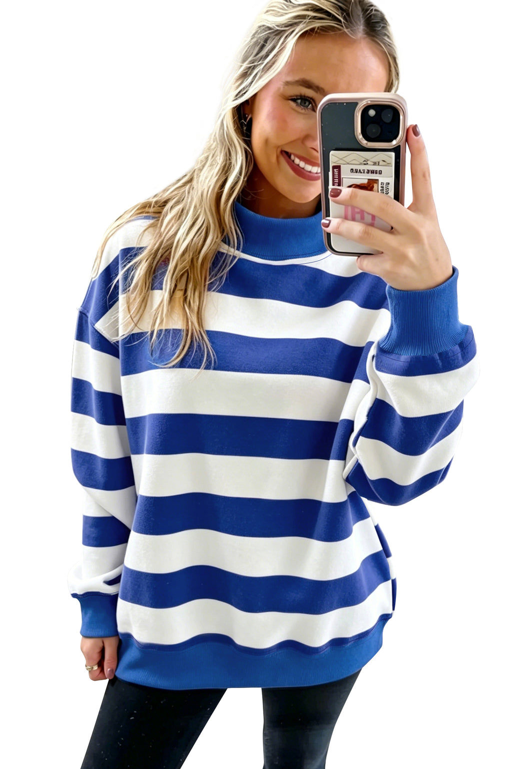 Blue Stripe Colorblock Mock Neck Relaxed Sweatshirt