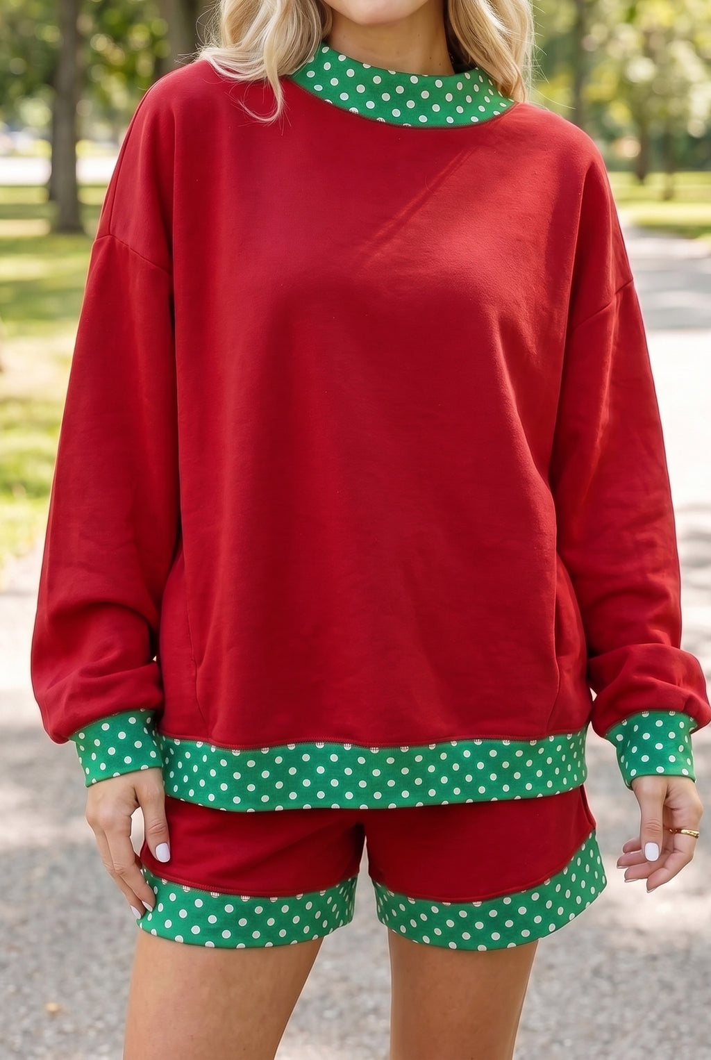 Bright Green Polka Dot Trim Baggy Pullover 2pcs Short Set