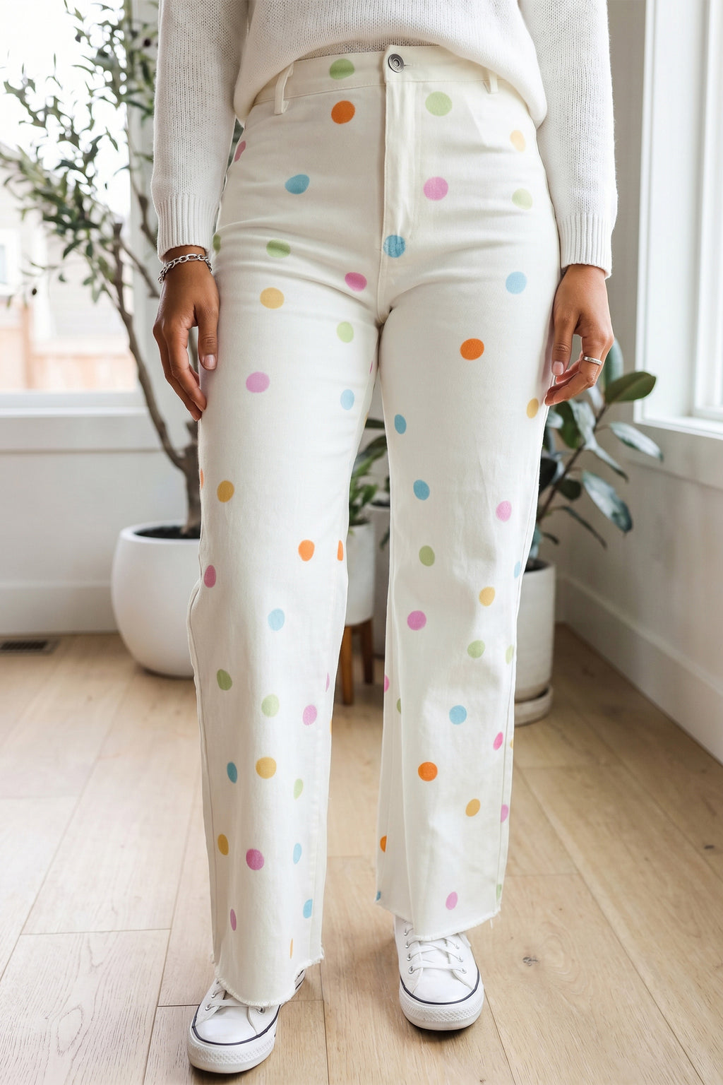 White High Waist Polka Dot Straight Leg Casual Jeans