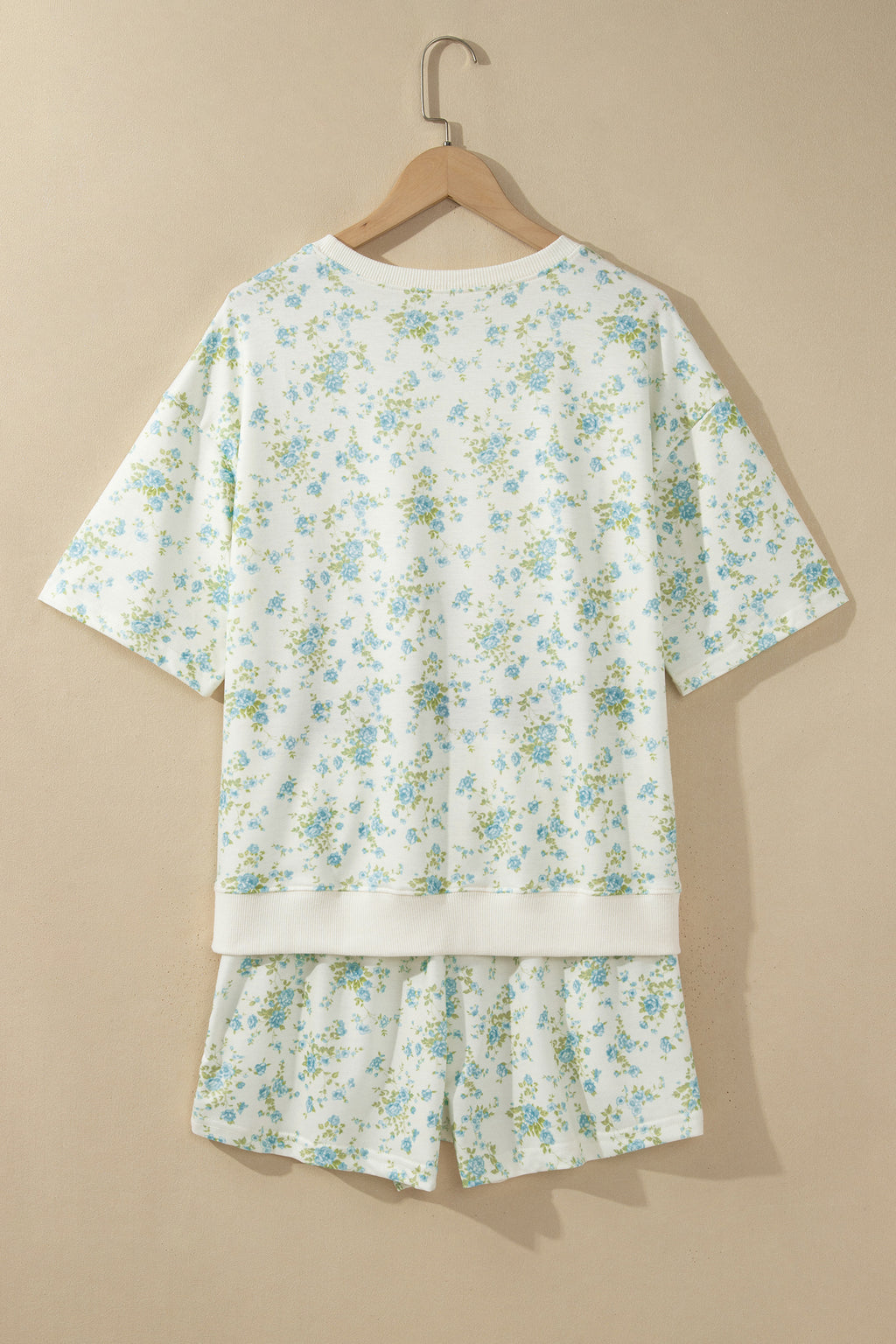 Pink Floral Print Short Sleeve Elastic Waist Pocket Casual Two Piece Short Sets