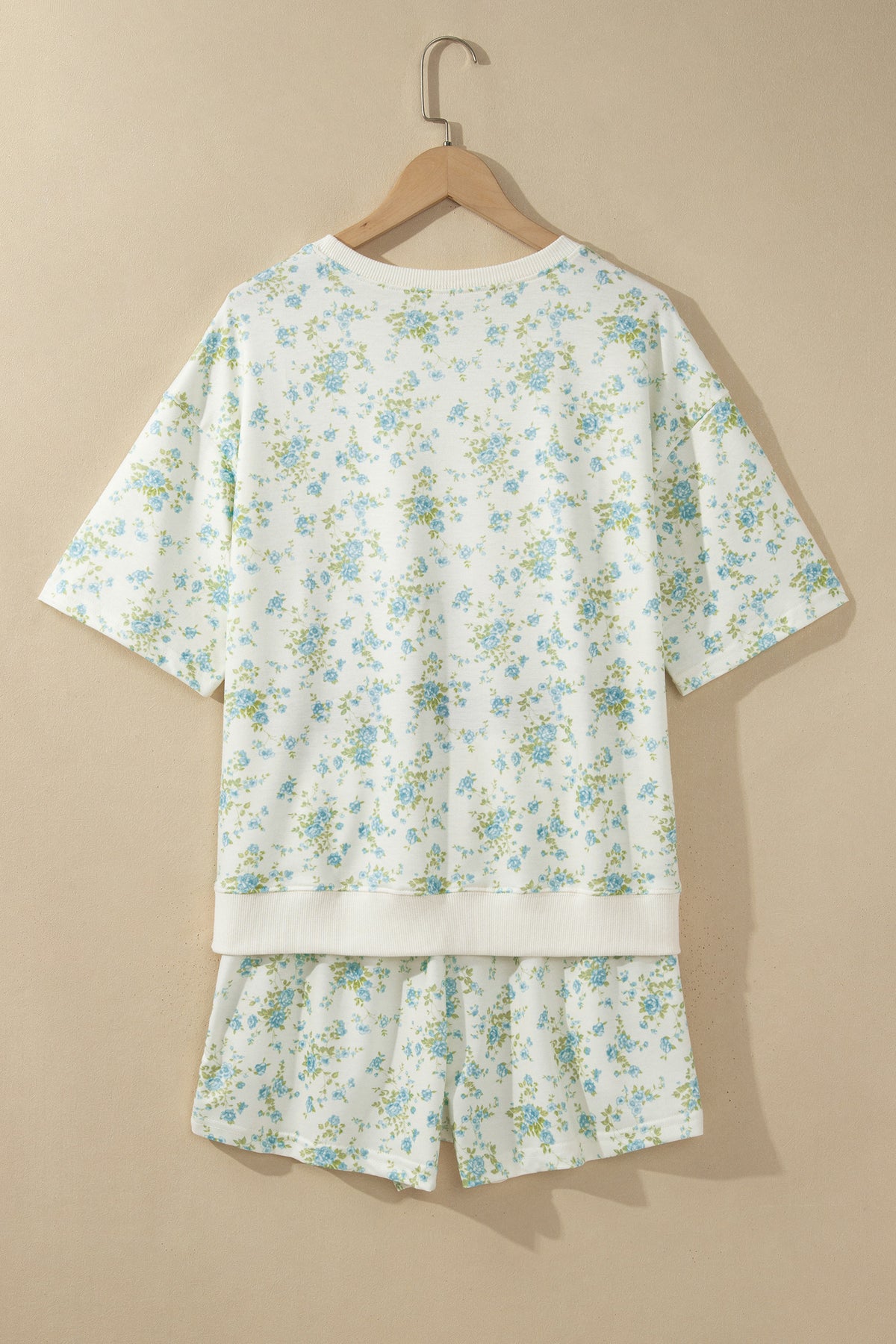 Pink Floral Print Short Sleeve Elastic Waist Pocket Casual Two Piece Short Sets