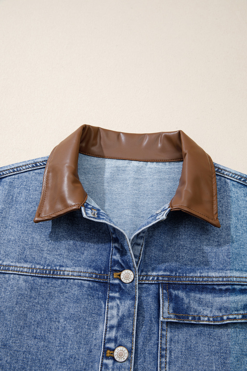 Sky Blue Patchwork Leather Collar Long Sleeve Denim Jacket