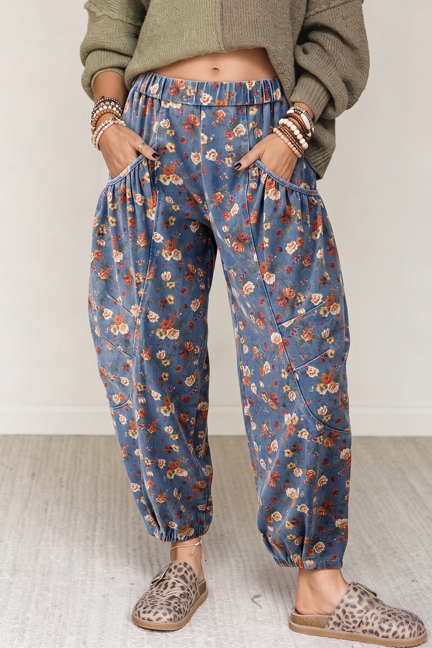 Beau Blue Retro Floral Print Elastic Waist Pocketed Barrel Jeans