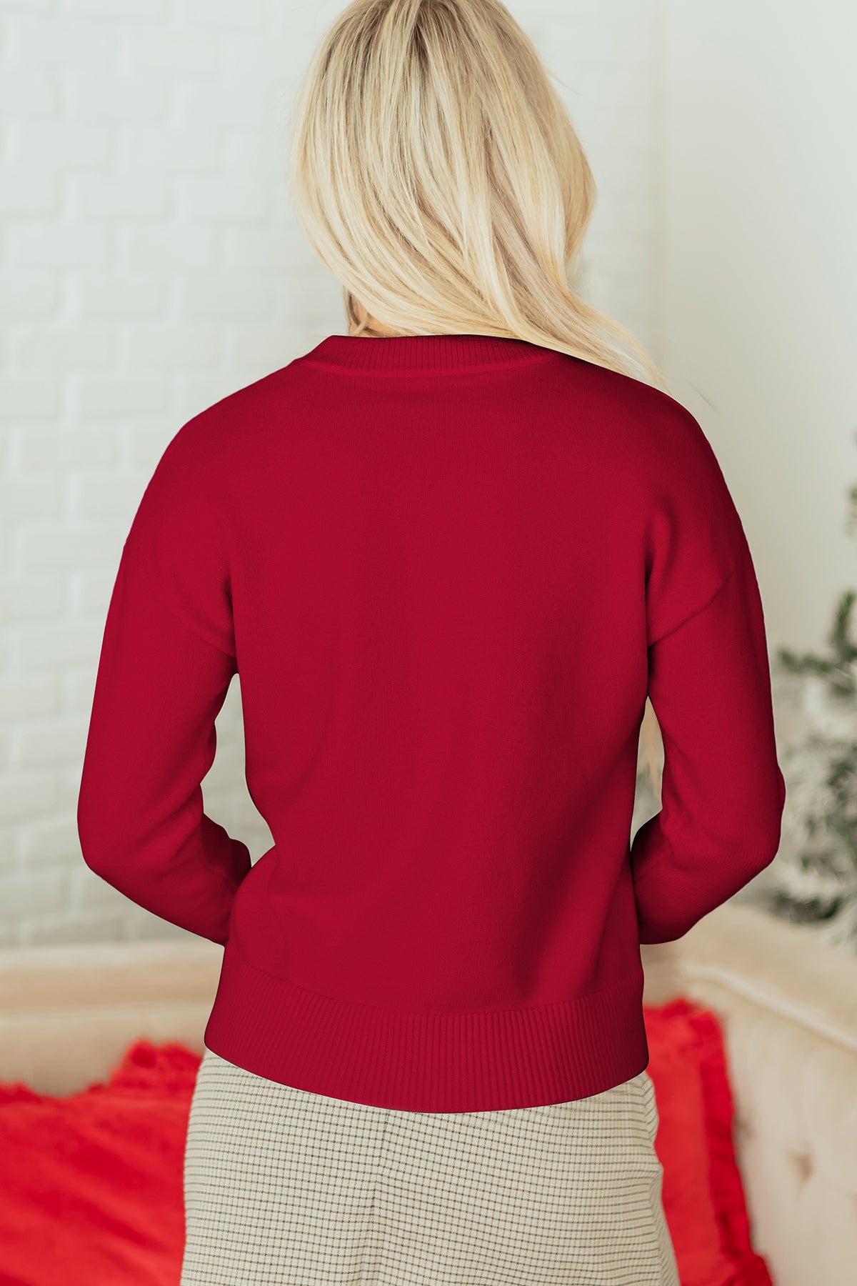 Fiery Red Sequined Bow Graphic Christmas Holiday Sweater