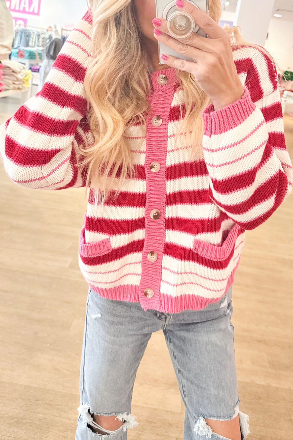 Red Stripe V Neck Long Sleeve Regular Fit Cardigan