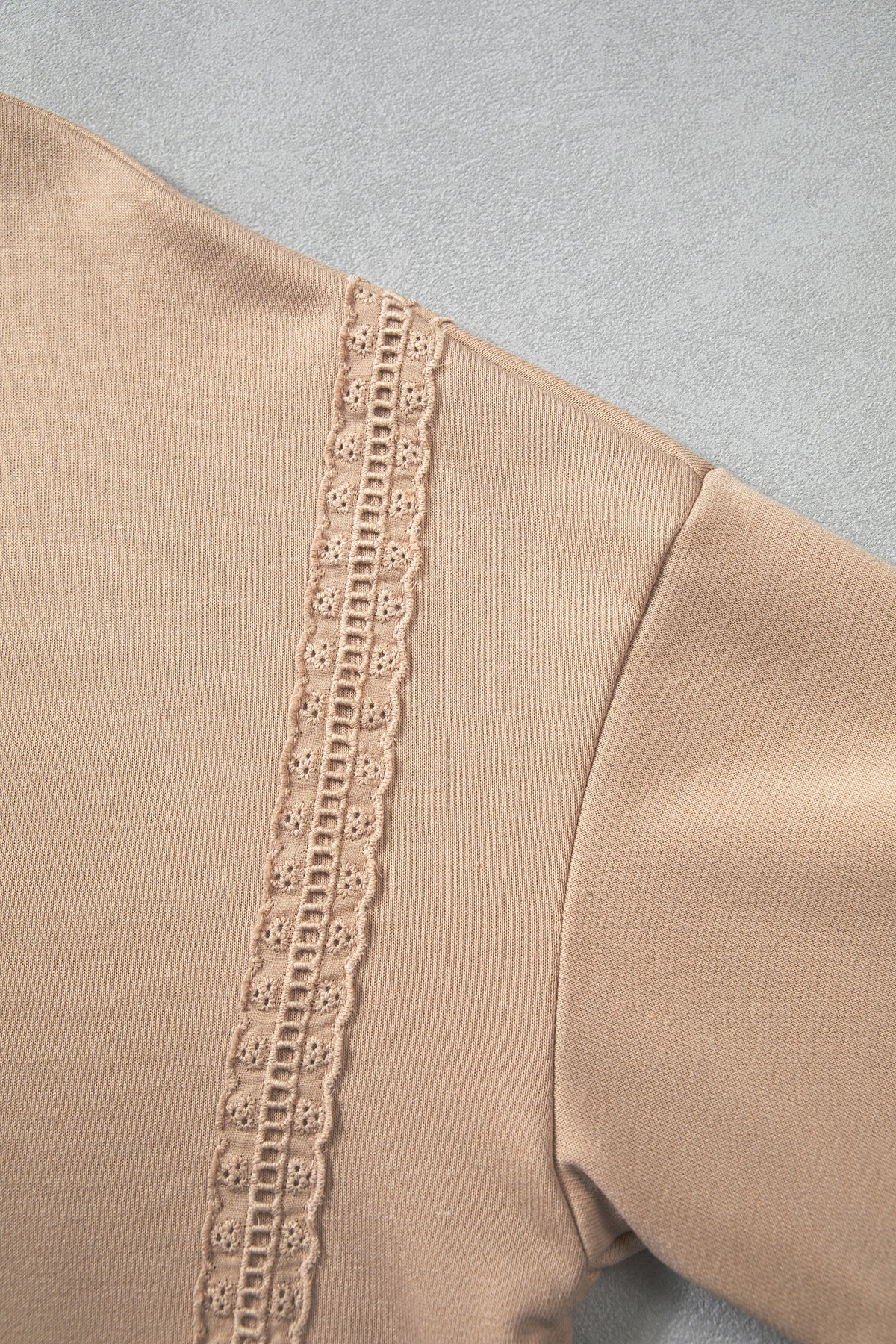 Parchment Solid Color Raw Seam Lace Detail Loose Casual Sweatshirt