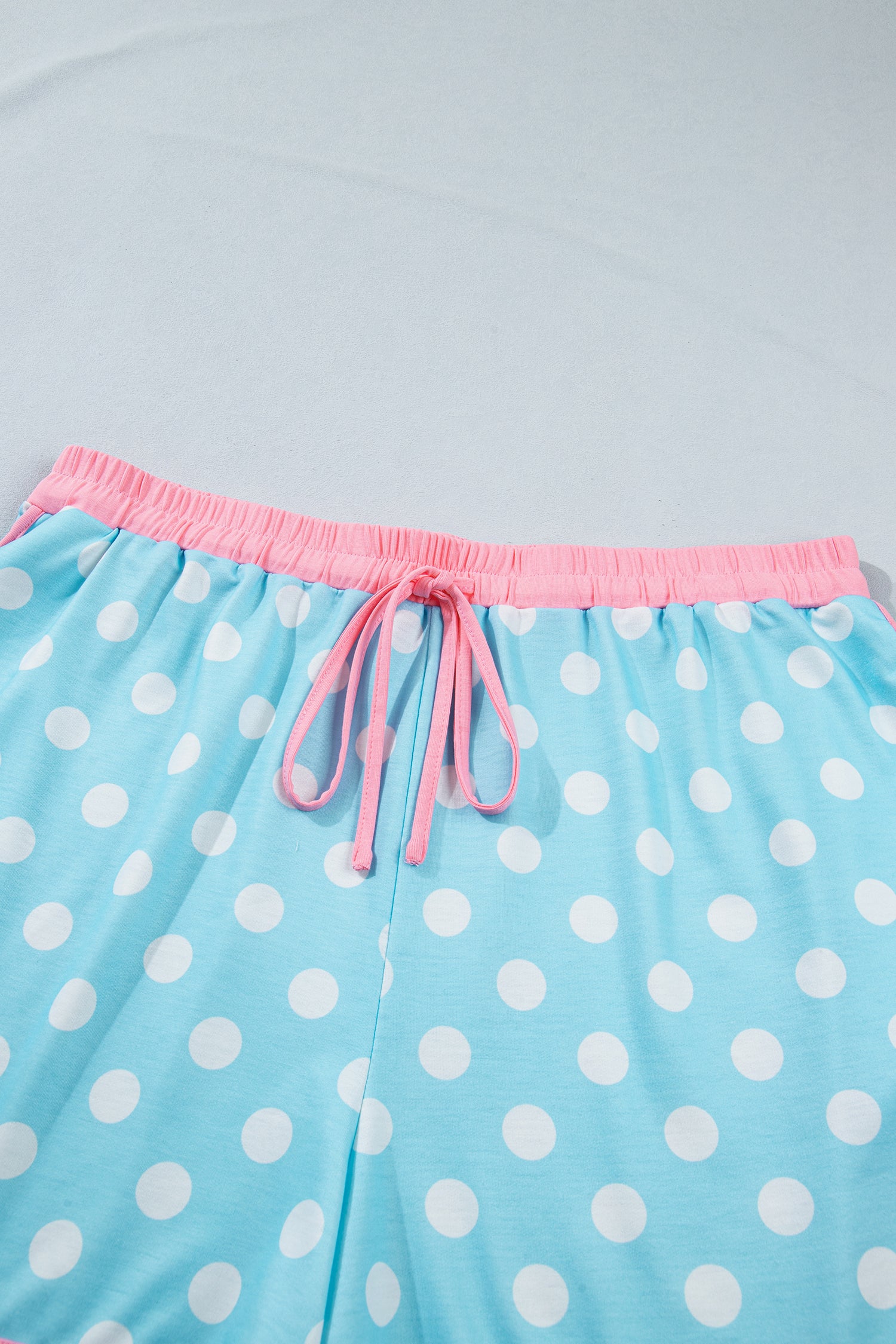 Sky Blue Polka Dot Print Color Block Trim Plus Size 2pcs Short Set