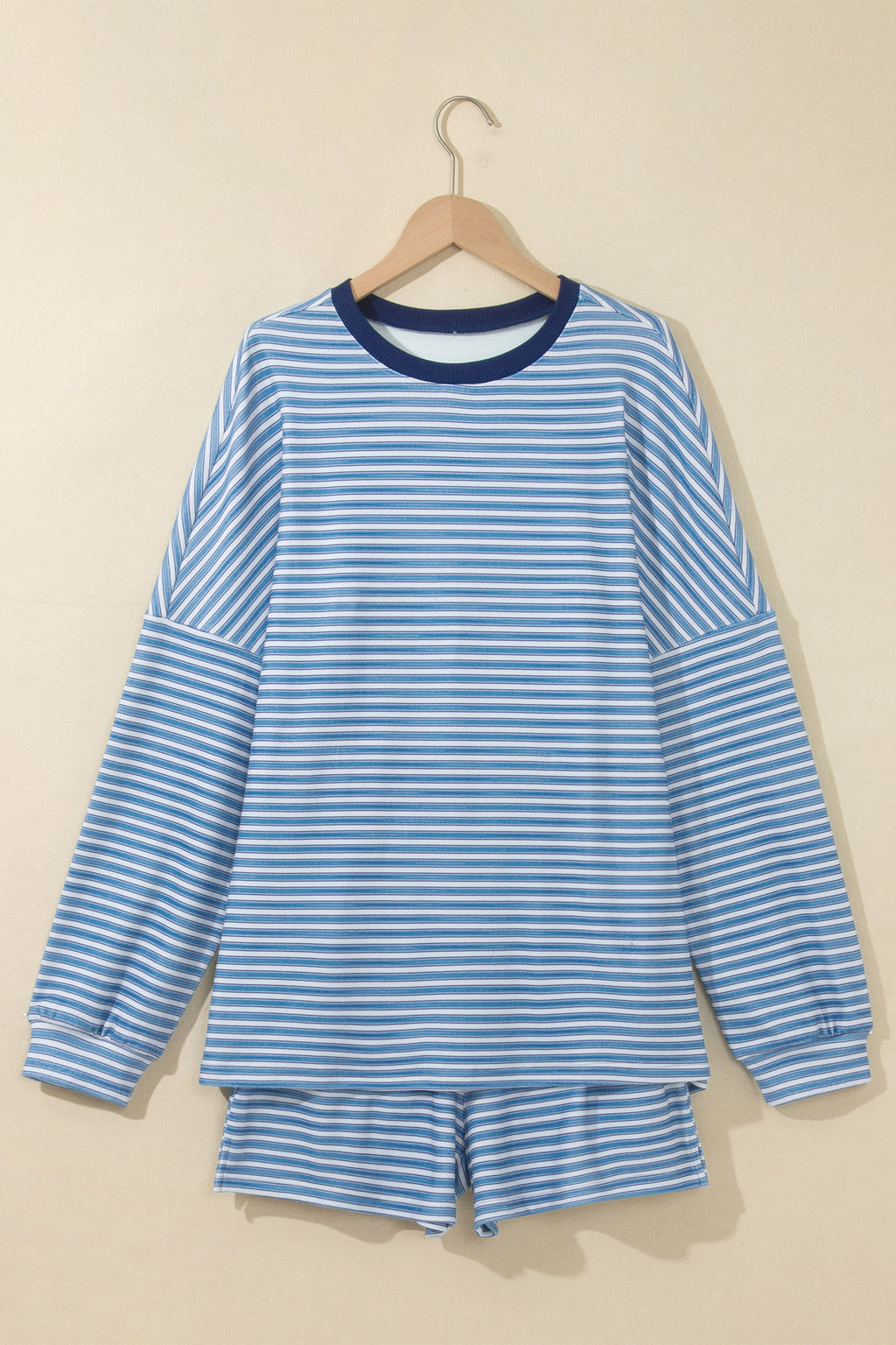 Sky Blue Stripe Long Sleeve Oversized Top Pocketed Casual Shorts Two Piece Set