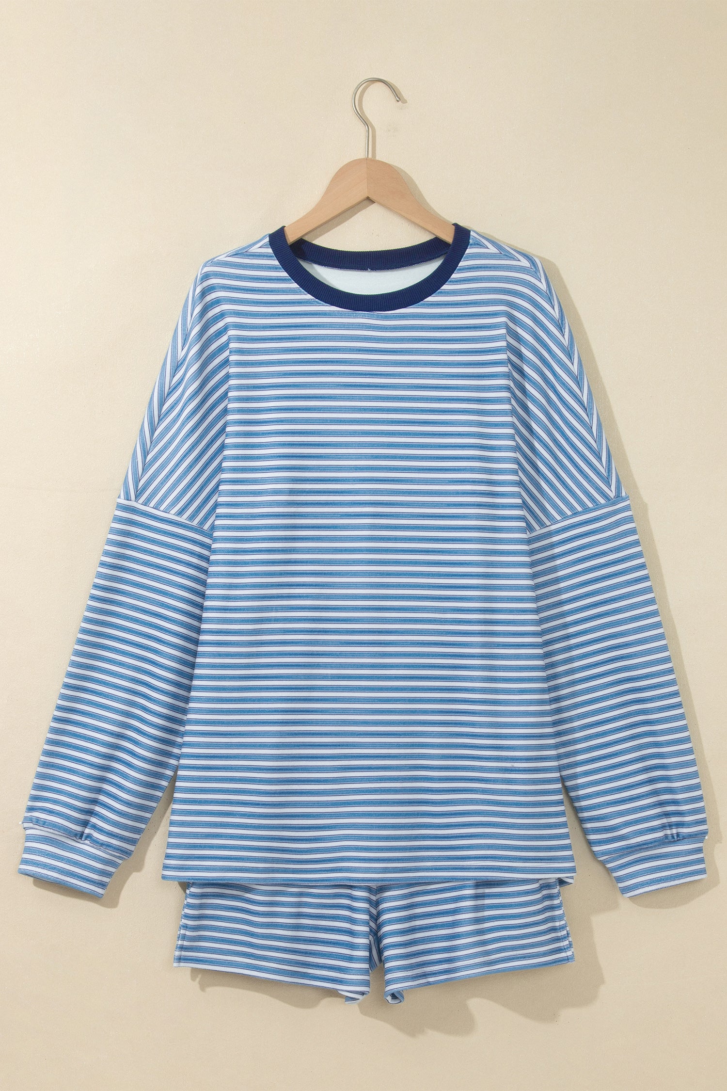 Sky Blue Stripe Long Sleeve Oversized Top Pocketed Casual Shorts Two Piece Set