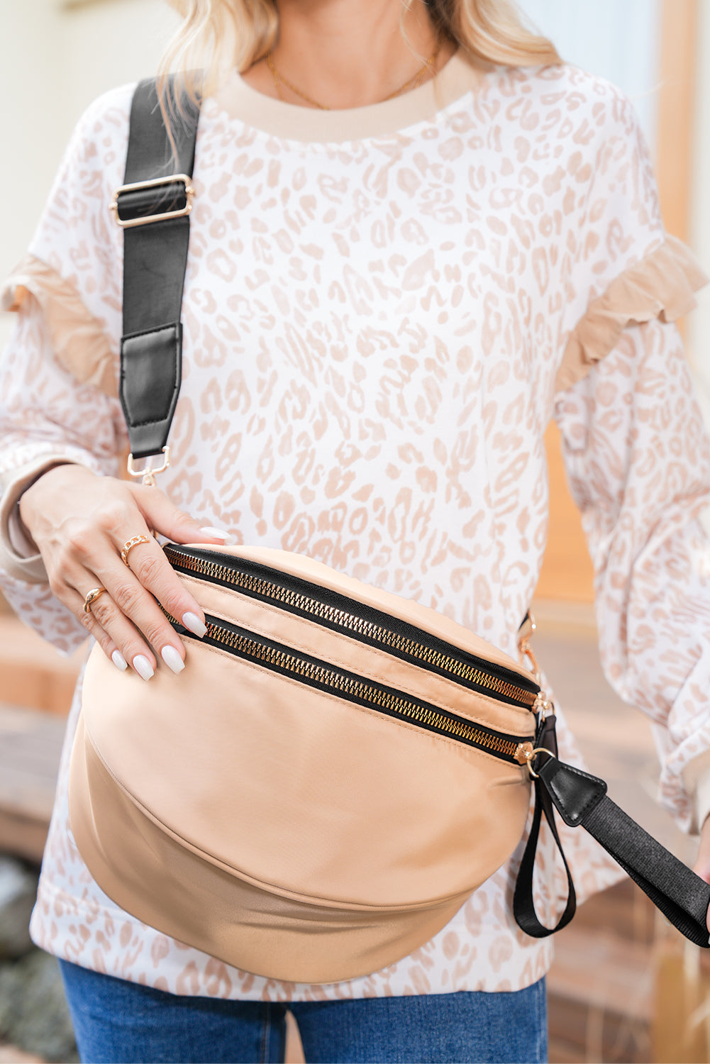 Dark Grey Double Zip Crescent Shape Adjustable Sling Bag