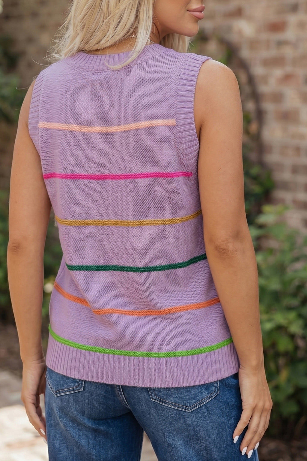 Green Stripe Round Neck Knitted Sweater Tank