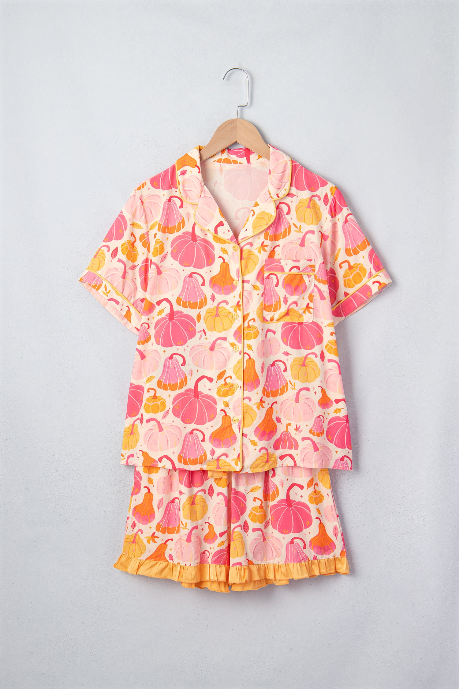Pink Short Sleeve Pumpkin Print Pocket Placket Shell Button Lounge Set
