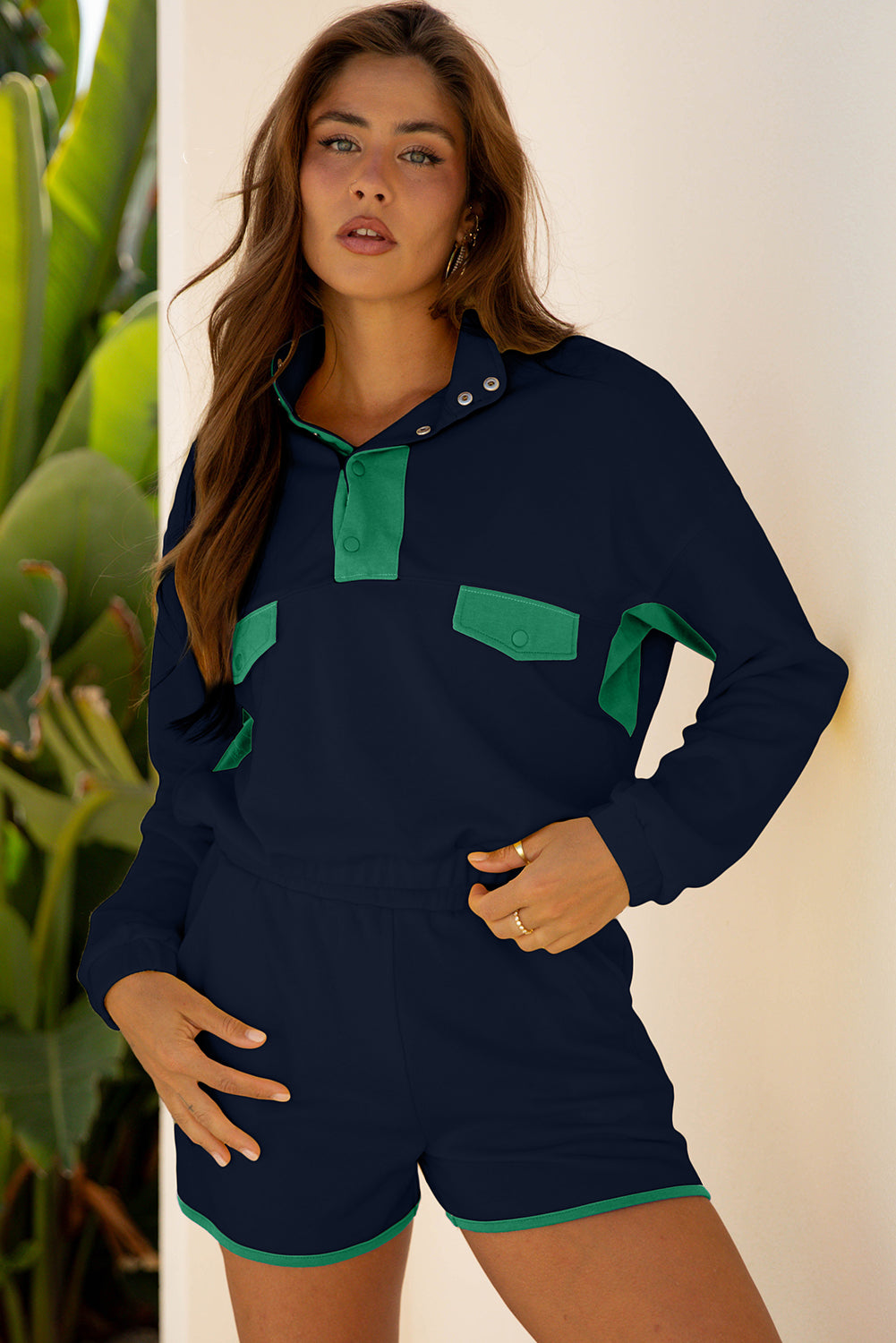 Yellow Color Block Patchwork Half Button Pullover and Shorts 2pcs Outfit