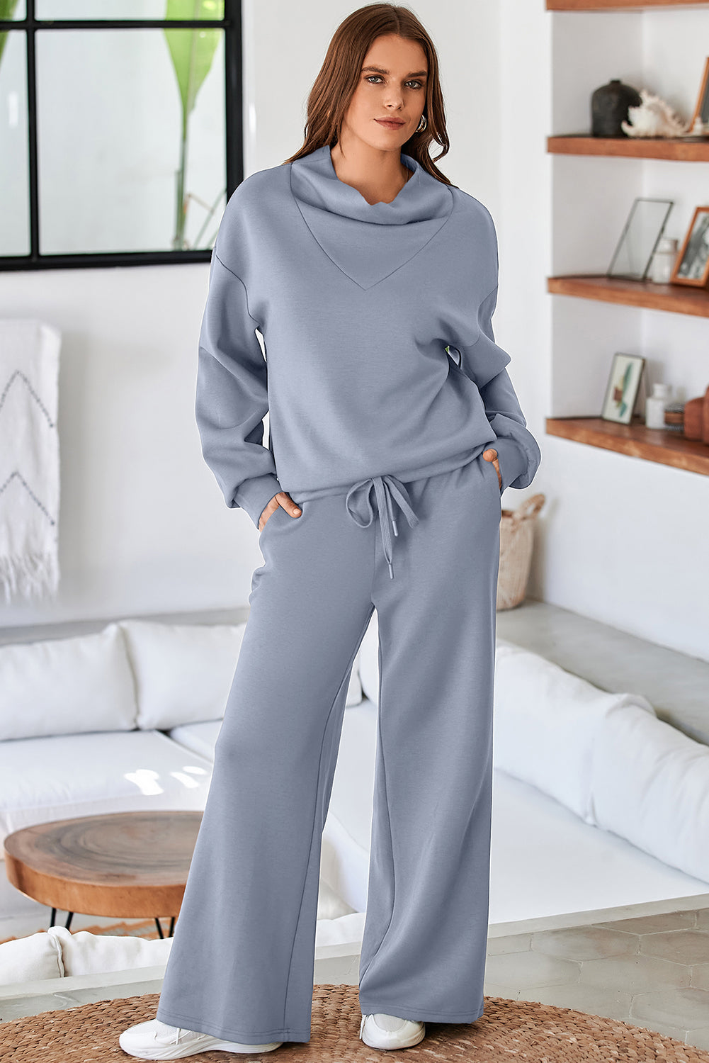 Dusk Blue Solid Color Cowl Neck Drawstring Pullover Wide Leg Athleisure Pants Set