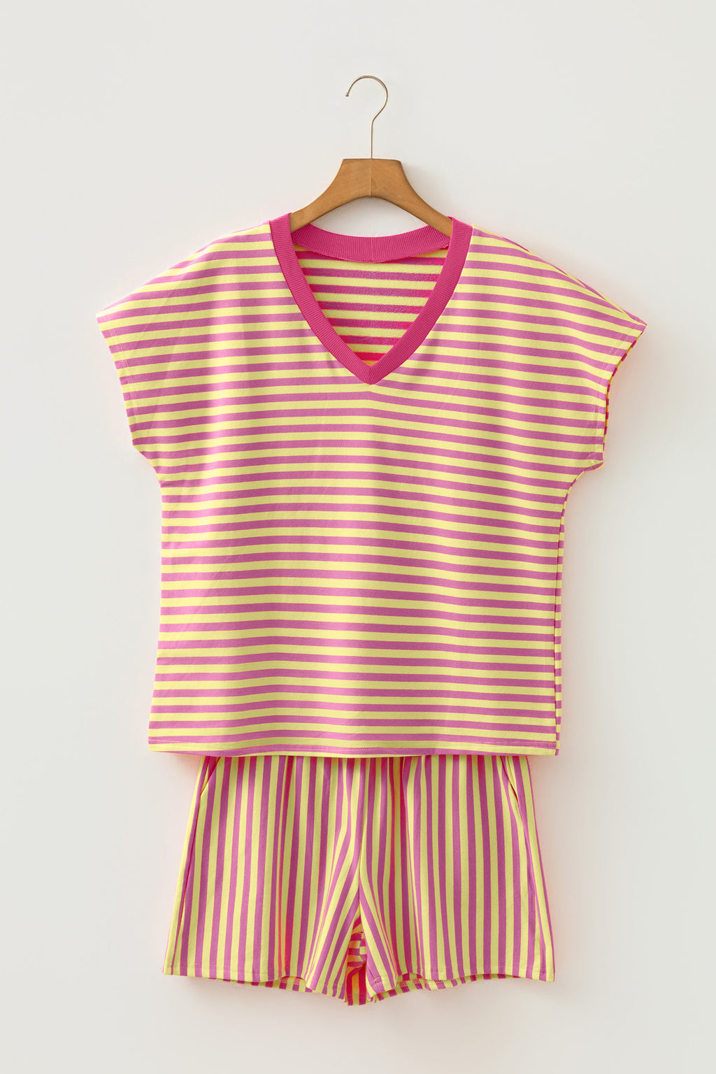 Pink Stripe Colorblock Trim V Neck Tee Drawstring Elastic Waist Short Set