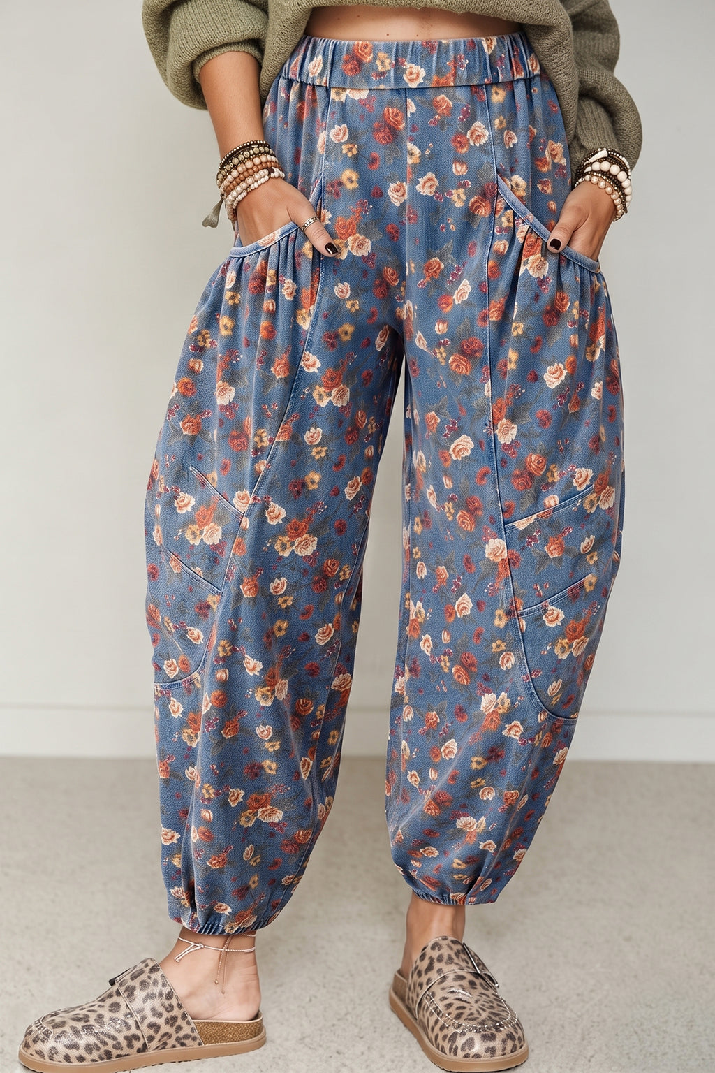 Beau Blue Retro Floral Print Elastic Waist Pocketed Barrel Jeans