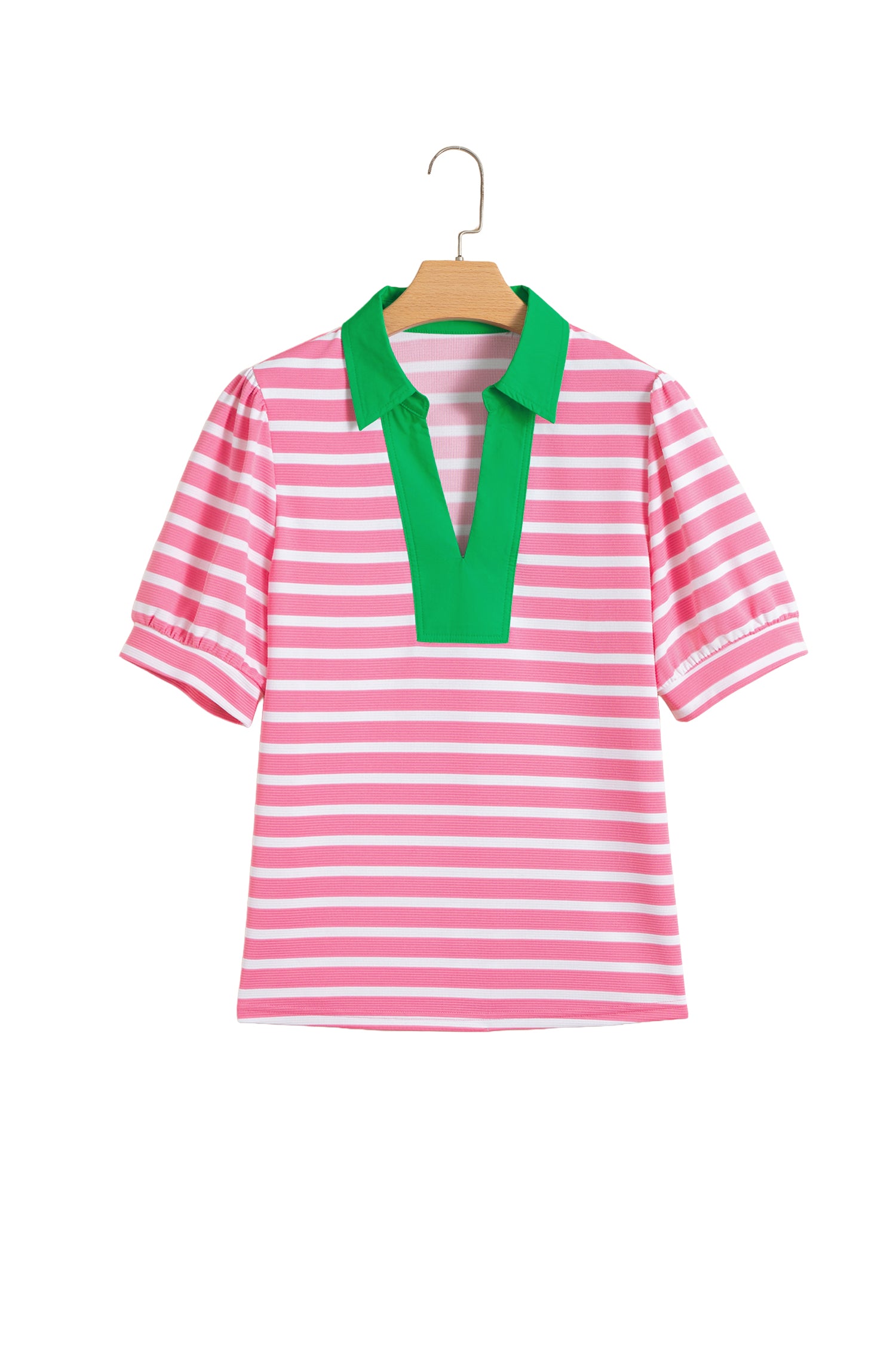Black Stripe Short Puff Sleeve Color Block Polo Collar Blouse