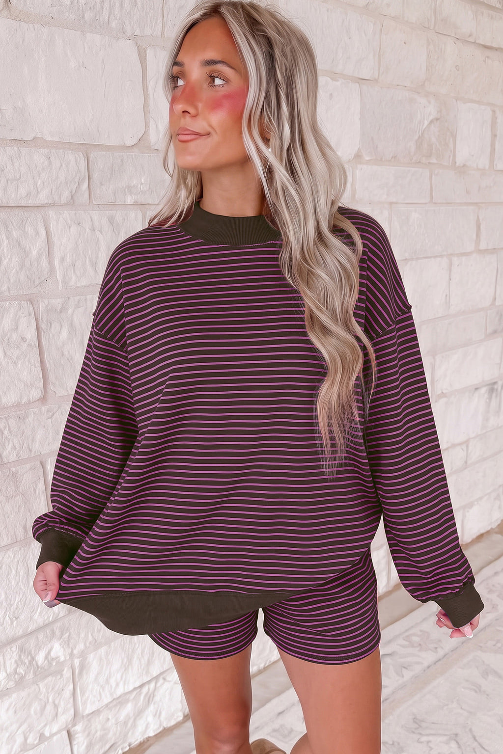 Blue Stripe Ribbed Patchwork Mock Neck Baggy Pullover Matching Shorts Set