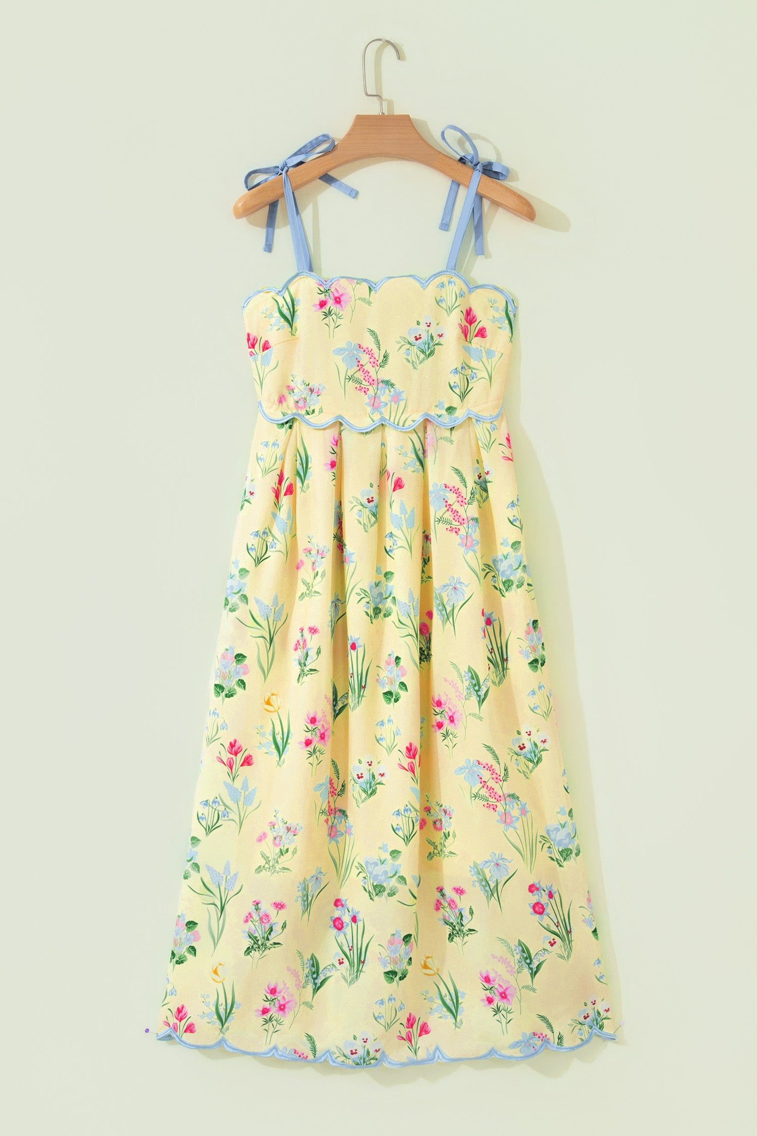 Yellow Floral Print Contrast Trim Self-tie Straps High Waist Midi Dress