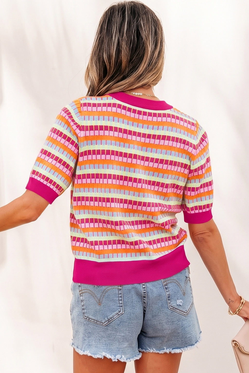 Purple Abstract Striped Knit Short Sleeve Sweater